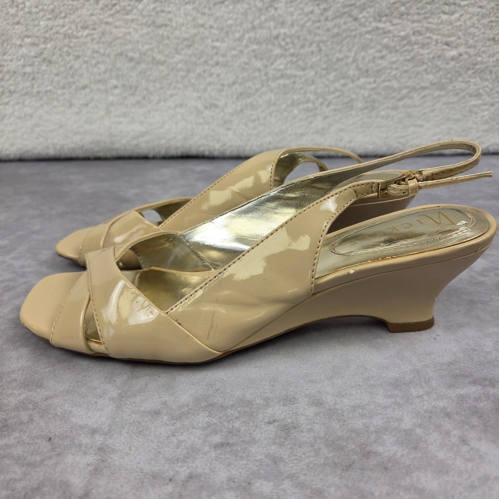 Nickels TAEA Beige Patent Peep Toe Slingback Wedge Heels Womens 7.5M